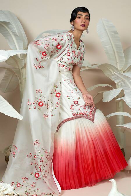 1999ad By Amita & Deepak White Chanderi, Organza Embroidery V-neck Jasper Flower Lehenga Set at Aza Fashions 1999ad By Amita & Deepak_White Chanderi, Organza Embroidery V-neck Jasper Flower Lehenga Set _at_Aza_Fashions