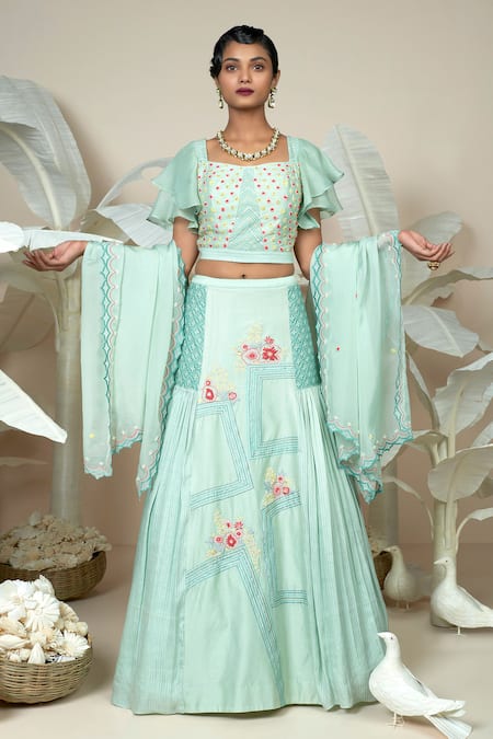 1999ad By Amita & Deepak Green Chanderi Sequins, Beads, Embroidery Square Neck Floral Bloom Lehenga Set 