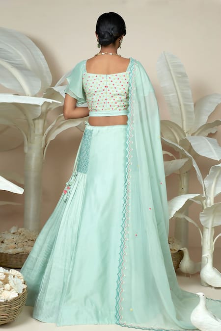 1999ad By Amita & Deepak_Green Chanderi Sequins, Beads, Embroidery Square Neck Floral Bloom Lehenga Set _Online_at_Aza_Fashions