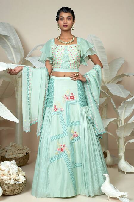 Buy_1999ad By Amita & Deepak_Green Chanderi Sequins, Beads, Embroidery Square Neck Floral Bloom Lehenga Set _Online_at_Aza_Fashions