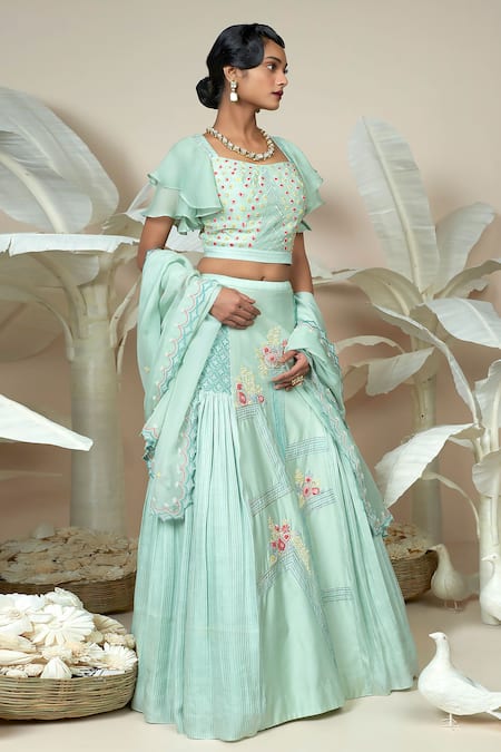 Shop_1999ad By Amita & Deepak_Green Chanderi Sequins, Beads, Embroidery Square Neck Floral Bloom Lehenga Set _Online_at_Aza_Fashions