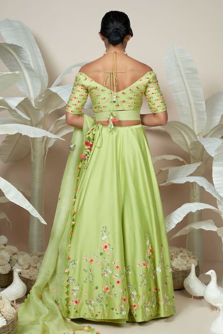 1999ad By Amita & Deepak_Green Chanderi Embroidery Asymmetric Milla Flower Lehenga Set _Online_at_Aza_Fashions