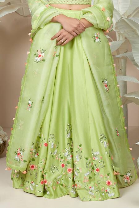 Buy_1999ad By Amita & Deepak_Green Chanderi Embroidery Asymmetric Milla Flower Lehenga Set _Online_at_Aza_Fashions