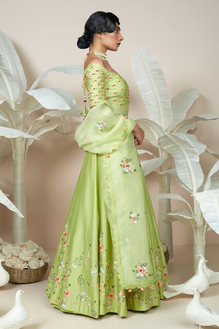 1999ad By Amita & Deepak_Green Chanderi Embroidery Asymmetric Milla Flower Lehenga Set _at_Aza_Fashions