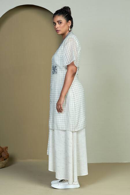 Shop 1999ad By Amita & Deepak White Chanderi Embroidery V-neck Lana Chequered Tunic Online at Aza Fashions Shop_1999ad By Amita & Deepak_White Chanderi Embroidery V-neck Lana Chequered Tunic _Online_at_Aza_Fashions