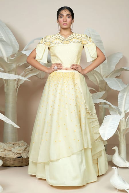 1999ad By Amita & Deepak Yellow Chanderi Beads, Sequins, Embroidery Flower Butti Lehenga With Blouse 