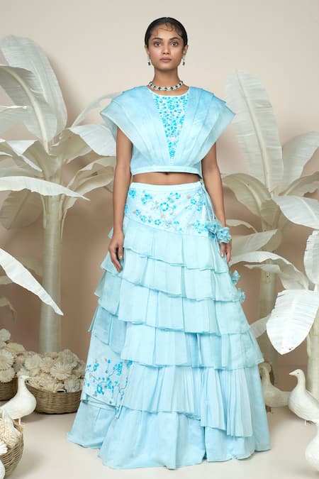 1999ad By Amita & Deepak Blue Organza Embroidery, Tassels Round Neck Henna Ruffle Lehenga With Blouse 