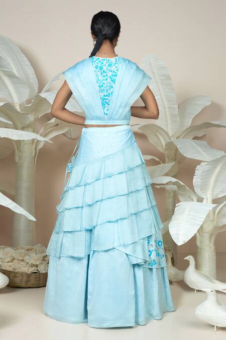 1999ad By Amita & Deepak Blue Organza Embroidery, Tassels Round Neck Henna Ruffle Lehenga With Blouse Online at Aza Fashions 1999ad By Amita & Deepak_Blue Organza Embroidery, Tassels Round Neck Henna Ruffle Lehenga With Blouse _Online_at_Aza_Fashions