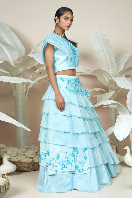 Shop 1999ad By Amita & Deepak Blue Organza Embroidery, Tassels Round Neck Henna Ruffle Lehenga With Blouse Online at Aza Fashions Shop_1999ad By Amita & Deepak_Blue Organza Embroidery, Tassels Round Neck Henna Ruffle Lehenga With Blouse _Online_at_Aza_Fashions