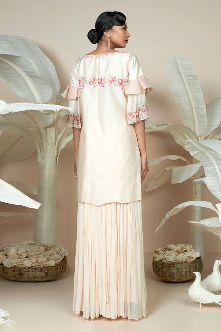 Shop 1999ad By Amita & Deepak Peach Chanderi Embroidery Round Neck Flower Kurta With Sharara at Aza Fashions Shop_1999ad By Amita & Deepak_Peach Chanderi Embroidery Round Neck Flower Kurta With Sharara _at_Aza_Fashions