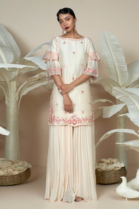 Buy 1999ad By Amita & Deepak Peach Chanderi Embroidery Round Neck Flower Kurta With Sharara Online at Aza Fashions Buy_1999ad By Amita & Deepak_Peach Chanderi Embroidery Round Neck Flower Kurta With Sharara _Online_at_Aza_Fashions