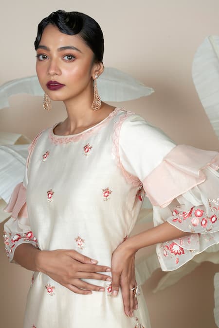Shop 1999ad By Amita & Deepak Peach Chanderi Embroidery Round Neck Flower Kurta With Sharara Online at Aza Fashions Shop_1999ad By Amita & Deepak_Peach Chanderi Embroidery Round Neck Flower Kurta With Sharara _Online_at_Aza_Fashions