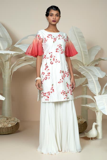 1999ad By Amita & Deepak White Chanderi Embroidery Round Neck Breezy Flower Kurta With Sharara