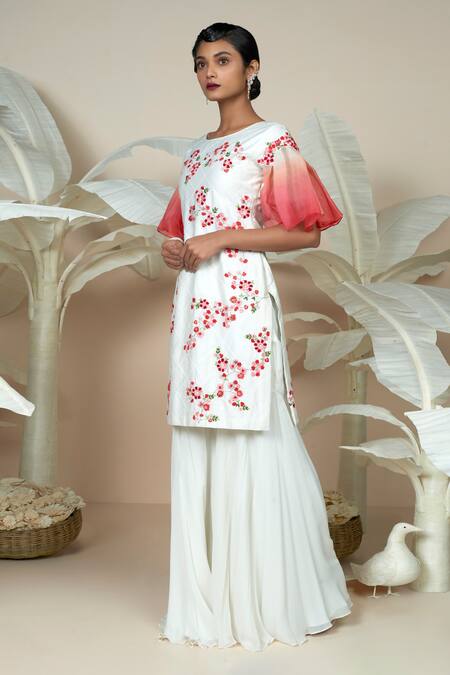 Shop 1999ad By Amita & Deepak White Chanderi Embroidery Round Neck Breezy Flower Kurta With Sharara Online at Aza Fashions Shop_1999ad By Amita & Deepak_White Chanderi Embroidery Round Neck Breezy Flower Kurta With Sharara _Online_at_Aza_Fashions