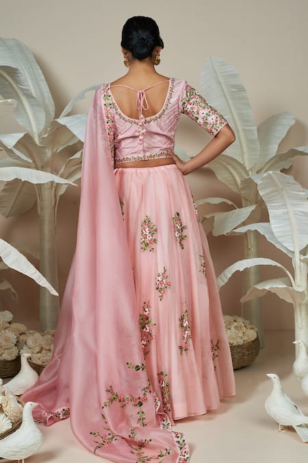 1999ad By Amita & Deepak Pink Chanderi Embroidery Round Neck Luna Floral Bloom Lehenga Set Online at Aza Fashions 1999ad By Amita & Deepak_Pink Chanderi Embroidery Round Neck Luna Floral Bloom Lehenga Set _Online_at_Aza_Fashions