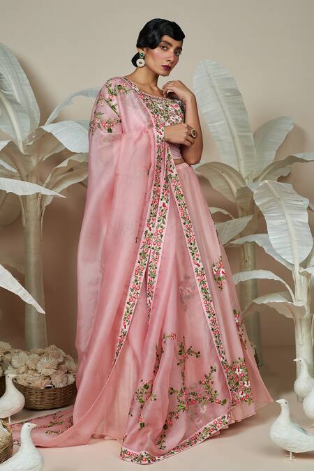Buy 1999ad By Amita & Deepak Pink Chanderi Embroidery Round Neck Luna Floral Bloom Lehenga Set Online at Aza Fashions Buy_1999ad By Amita & Deepak_Pink Chanderi Embroidery Round Neck Luna Floral Bloom Lehenga Set _Online_at_Aza_Fashions