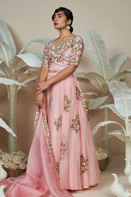 1999ad By Amita & Deepak Pink Chanderi Embroidery Round Neck Luna Floral Bloom Lehenga Set at Aza Fashions 1999ad By Amita & Deepak_Pink Chanderi Embroidery Round Neck Luna Floral Bloom Lehenga Set _at_Aza_Fashions