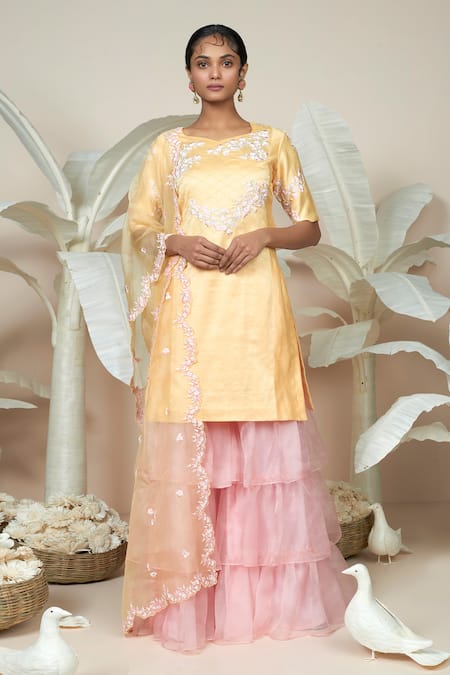 1999ad By Amita & Deepak Yellow Chanderi Embroidery Round Neck Flower Kurta Sharara Set