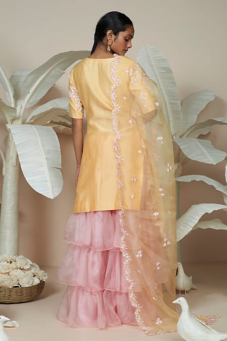 1999ad By Amita & Deepak Yellow Chanderi Embroidery Round Neck Flower Kurta Sharara Set Online at Aza Fashions 1999ad By Amita & Deepak_Yellow Chanderi Embroidery Round Neck Flower Kurta Sharara Set _Online_at_Aza_Fashions