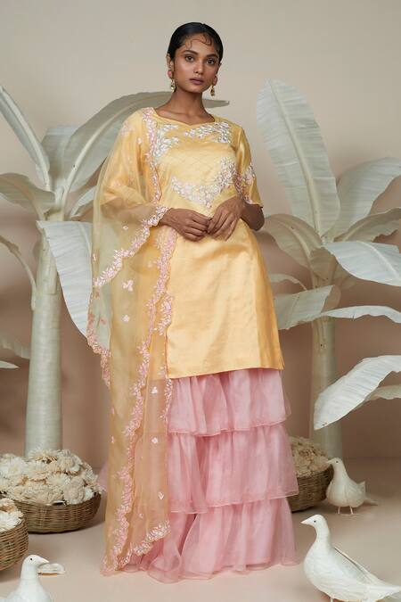 Shop 1999ad By Amita & Deepak Yellow Chanderi Embroidery Round Neck Flower Kurta Sharara Set Online at Aza Fashions Shop_1999ad By Amita & Deepak_Yellow Chanderi Embroidery Round Neck Flower Kurta Sharara Set _Online_at_Aza_Fashions