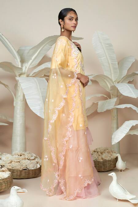 1999ad By Amita & Deepak Yellow Chanderi Embroidery Round Neck Flower Kurta Sharara Set at Aza Fashions 1999ad By Amita & Deepak_Yellow Chanderi Embroidery Round Neck Flower Kurta Sharara Set _at_Aza_Fashions