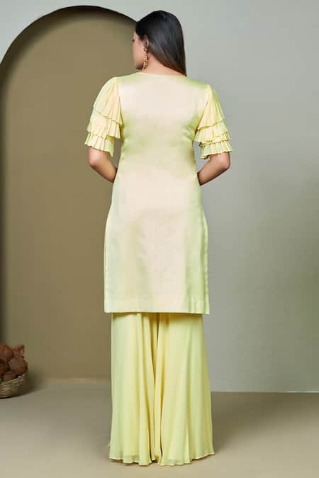 1999ad By Amita & Deepak Yellow Chanderi Embroidery Round Neck Skye Flower Blossom Kurta With Sharara Online at Aza Fashions 1999ad By Amita & Deepak_Yellow Chanderi Embroidery Round Neck Skye Flower Blossom Kurta With Sharara _Online_at_Aza_Fashions