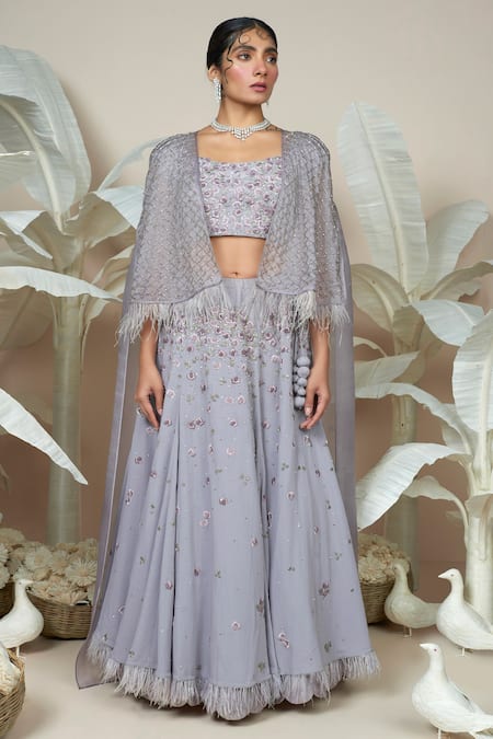 1999ad By Amita & Deepak Purple Georgette Cut Work Silasa Floral Butti Embroidered Lehenga Cape Set