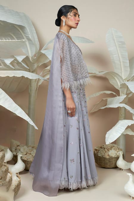 1999ad By Amita & Deepak Purple Georgette Cut Work Silasa Floral Butti Embroidered Lehenga Cape Set at Aza Fashions 1999ad By Amita & Deepak_Purple Georgette Cut Work Silasa Floral Butti Embroidered Lehenga Cape Set _at_Aza_Fashions