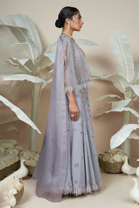 Buy 1999ad By Amita & Deepak Purple Georgette Cut Work Silasa Floral Butti Embroidered Lehenga Cape Set Buy_1999ad By Amita & Deepak_Purple Georgette Cut Work Silasa Floral Butti Embroidered Lehenga Cape Set