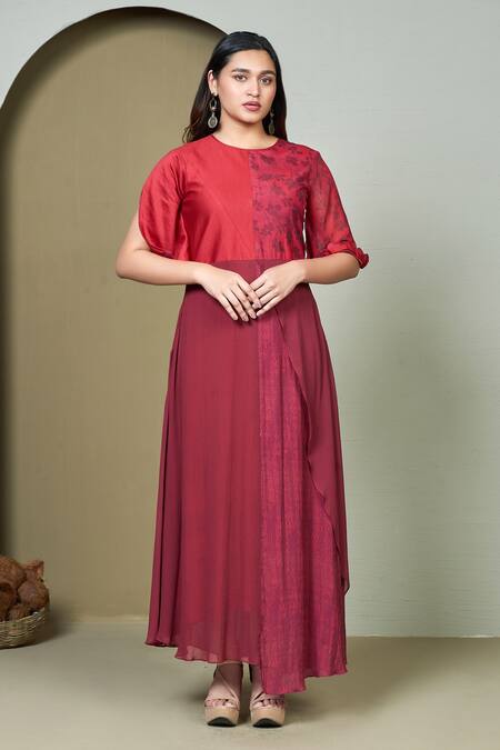 1999ad By Amita & Deepak Red Georgette Embroidery Round Neck Pretios Floral Print Yoke Tunic