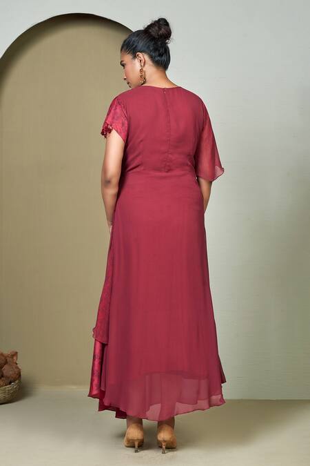 1999ad By Amita & Deepak_Red Georgette Round Neck Bastiene Floral Print Layered Tunic _Online_at_Aza_Fashions