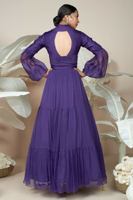 1999ad By Amita & Deepak Purple Organza Embroidery Split V-neck Celeste Victorian Sleeve Gown Online at Aza Fashions 1999ad By Amita & Deepak_Purple Organza Embroidery Split V-neck Celeste Victorian Sleeve Gown _Online_at_Aza_Fashions