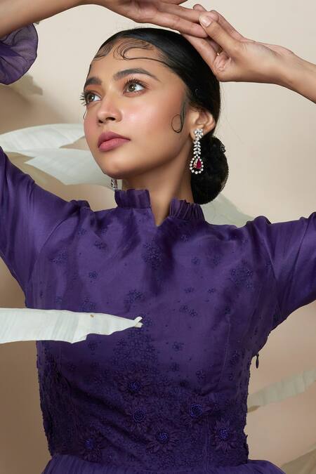 Buy 1999ad By Amita & Deepak Purple Organza Embroidery Split V-neck Celeste Victorian Sleeve Gown Online at Aza Fashions Buy_1999ad By Amita & Deepak_Purple Organza Embroidery Split V-neck Celeste Victorian Sleeve Gown _Online_at_Aza_Fashions