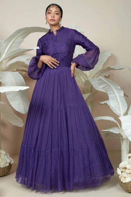 Shop 1999ad By Amita & Deepak Purple Organza Embroidery Split V-neck Celeste Victorian Sleeve Gown Online at Aza Fashions Shop_1999ad By Amita & Deepak_Purple Organza Embroidery Split V-neck Celeste Victorian Sleeve Gown _Online_at_Aza_Fashions