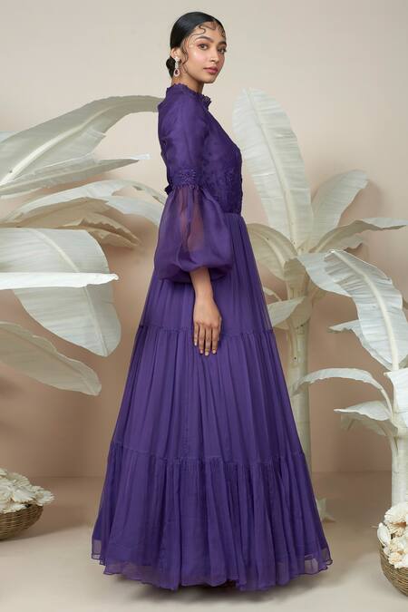 Buy 1999ad By Amita & Deepak Purple Organza Embroidery Split V-neck Celeste Victorian Sleeve Gown Buy_1999ad By Amita & Deepak_Purple Organza Embroidery Split V-neck Celeste Victorian Sleeve Gown