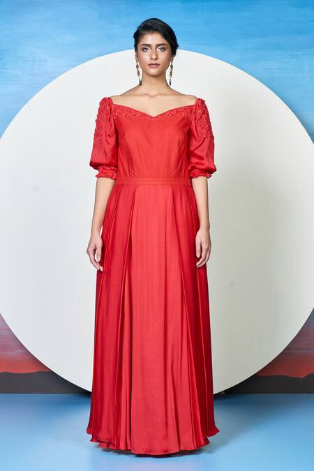 Buy 1999ad By Amita & Deepak Red Organza Embroidery Sweetheart Neck Chrys Rosette Gown Online at Aza Fashions Buy_1999ad By Amita & Deepak_Red Organza Embroidery Sweetheart Neck Chrys Rosette Gown _Online_at_Aza_Fashions