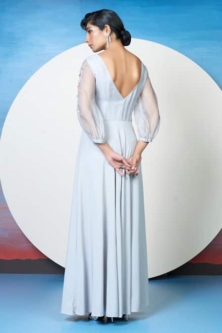 1999ad By Amita & Deepak Grey Satin Embroidery Round Neck Reid Flower Sleeve Gown Online at Aza Fashions 1999ad By Amita & Deepak_Grey Satin Embroidery Round Neck Reid Flower Sleeve Gown _Online_at_Aza_Fashions