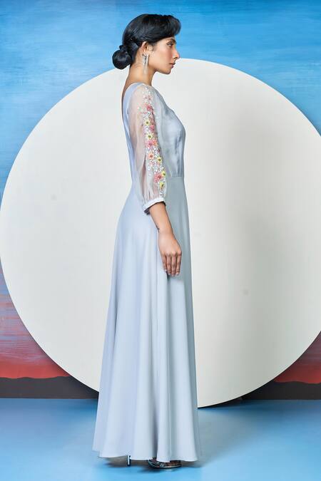 Buy 1999ad By Amita & Deepak Grey Satin Embroidery Round Neck Reid Flower Sleeve Gown Online at Aza Fashions Buy_1999ad By Amita & Deepak_Grey Satin Embroidery Round Neck Reid Flower Sleeve Gown _Online_at_Aza_Fashions