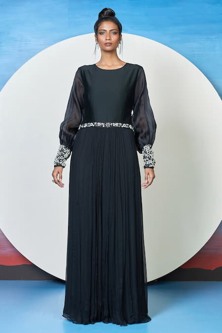 1999ad By Amita & Deepak Black Organza Embroidery Round Neck Philia Pleated Gown 