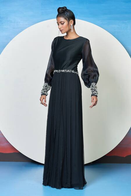 Buy 1999ad By Amita & Deepak Black Organza Embroidery Round Neck Philia Pleated Gown Online at Aza Fashions Buy_1999ad By Amita & Deepak_Black Organza Embroidery Round Neck Philia Pleated Gown _Online_at_Aza_Fashions