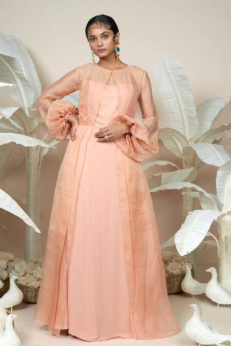 Buy 1999ad By Amita & Deepak Peach Organza Embroidery Round Neck Maher Victorian Sleeve Layered Gown Online at Aza Fashions Buy_1999ad By Amita & Deepak_Peach Organza Embroidery Round Neck Maher Victorian Sleeve Layered Gown _Online_at_Aza_Fashions