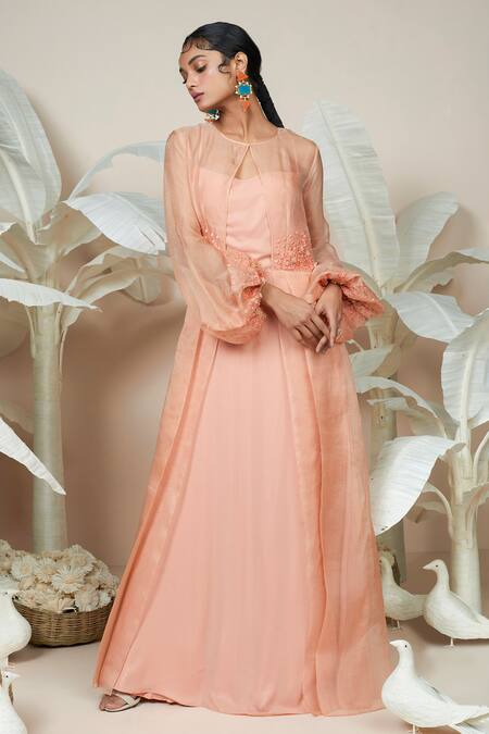 1999ad By Amita & Deepak Peach Organza Embroidery Round Neck Maher Victorian Sleeve Layered Gown at Aza Fashions 1999ad By Amita & Deepak_Peach Organza Embroidery Round Neck Maher Victorian Sleeve Layered Gown _at_Aza_Fashions