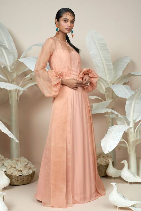Buy 1999ad By Amita & Deepak Peach Organza Embroidery Round Neck Maher Victorian Sleeve Layered Gown Buy_1999ad By Amita & Deepak_Peach Organza Embroidery Round Neck Maher Victorian Sleeve Layered Gown