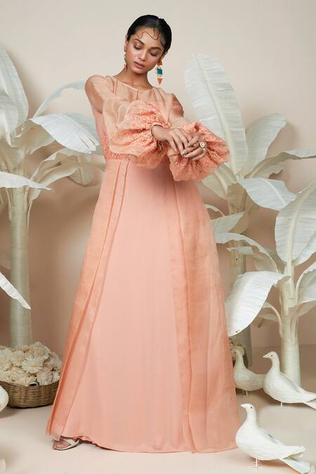 Shop 1999ad By Amita & Deepak Peach Organza Embroidery Round Neck Maher Victorian Sleeve Layered Gown Shop_1999ad By Amita & Deepak_Peach Organza Embroidery Round Neck Maher Victorian Sleeve Layered Gown