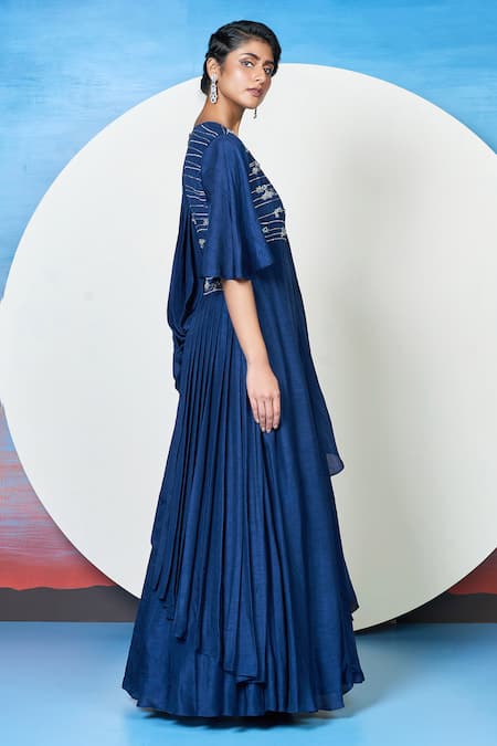 1999ad By Amita & Deepak Blue Embroidery Round Neck Avery Flower Yoke Gown Online at Aza Fashions 1999ad By Amita & Deepak_Blue Embroidery Round Neck Avery Flower Yoke Gown _Online_at_Aza_Fashions