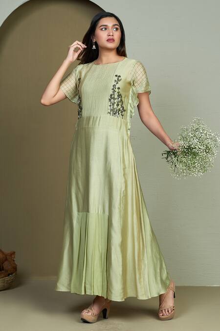 Buy_1999ad By Amita & Deepak_Green Chanderi Embroidery Round Neck Orion Tunic _Online_at_Aza_Fashions