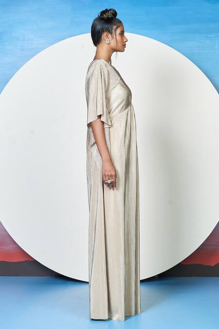 1999ad By Amita & Deepak_Gold Satin V-neck Aria Gown _Online_at_Aza_Fashions