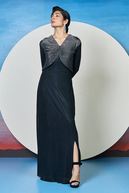 Buy_1999ad By Amita & Deepak_Black Satin V-neck Yami Sculpted Yoke Dress _Online_at_Aza_Fashions