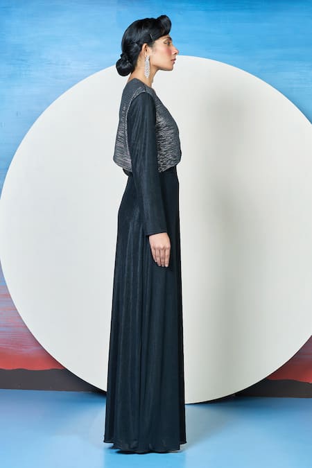 Shop_1999ad By Amita & Deepak_Black Satin V-neck Yami Sculpted Yoke Dress _Online_at_Aza_Fashions