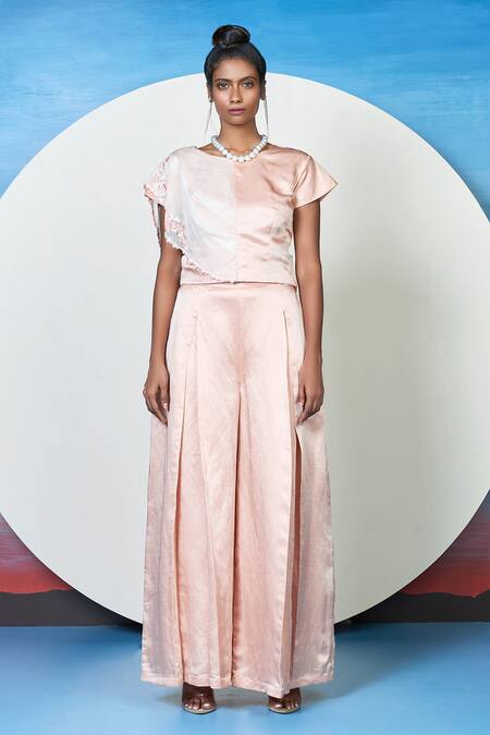 Buy_1999ad By Amita & Deepak_Peach Linen, Satin Embroidery Round Neck Aanya Placement Flower Top With Pant _Online_at_Aza_Fashions